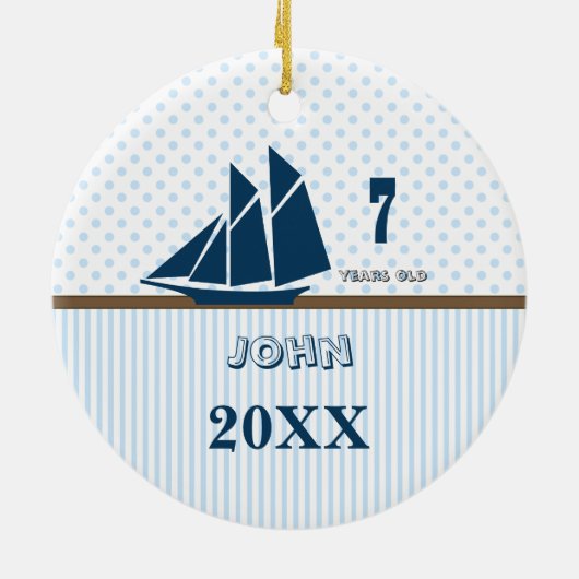 Nautical Blue Sail Boat Stripes Your Photo Keramisch Ornament (Achterkant)
