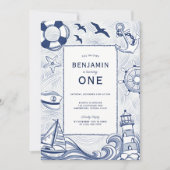 Nautical Blue Sailboat Lighthouse 1st Birthday Kaart (Voorkant)