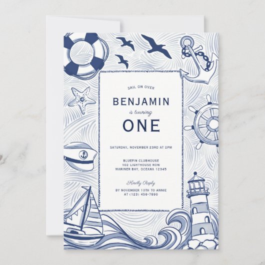 Nautical Blue Sailboat Lighthouse 1st Birthday Kaart (Voorkant)