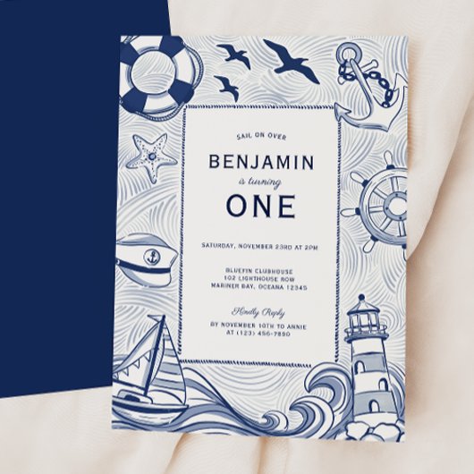 Nautical Blue Sailboat Lighthouse 1st Birthday Kaart