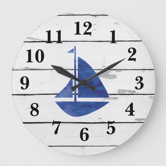 Nautical Blue Sailboat Shiplap Rustic Decor Grote Klok (Voorkant)