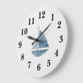 Nautical Blue Sailboat Stripe Preppy Large Clock Grote Klok (Hoek)