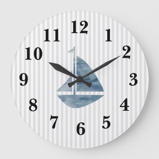 Nautical Blue Sailboat Stripe Preppy Large Clock Grote Klok (Voorkant)