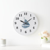 Nautical Blue Sailboat Stripe Preppy Large Clock Grote Klok (Huis)