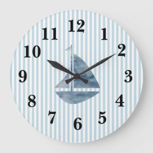Nautical Blue Sailboat Stripe Preppy Large Clock Grote Klok