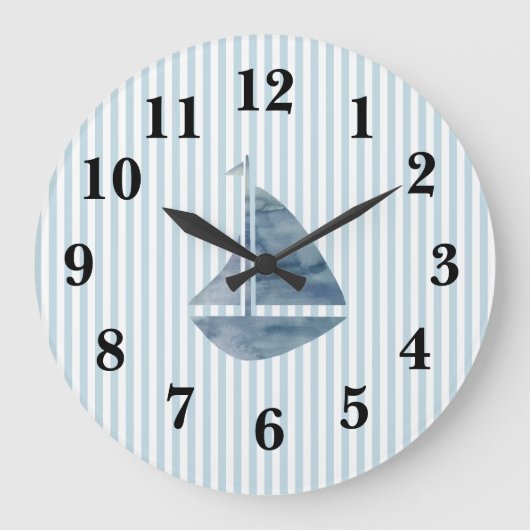 Nautical Blue Sailboat Stripe Preppy Large Clock Grote Klok (Voorkant)