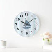 Nautical Blue Sailboat Stripe Preppy Large Clock Grote Klok (Huis)