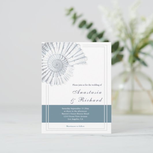 Nautical Blue Shell Budget Huwelijksuitnodiging Briefkaart (Staand voorkant)