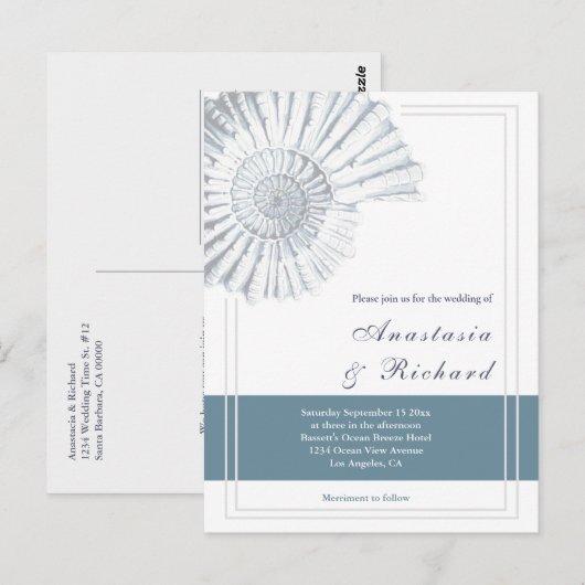 Nautical Blue Shell Budget Huwelijksuitnodiging Briefkaart (Voorkant / Achterkant)
