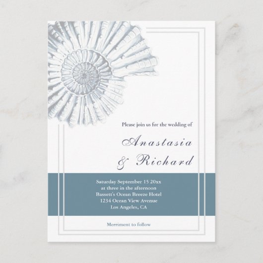 Nautical Blue Shell Budget Huwelijksuitnodiging Briefkaart (Voorkant)