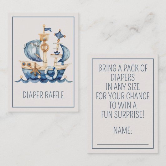 Nautical Blue Ship Baby Shower Diaper Raffle Informatiekaartje (Voorkant / Achterkant)