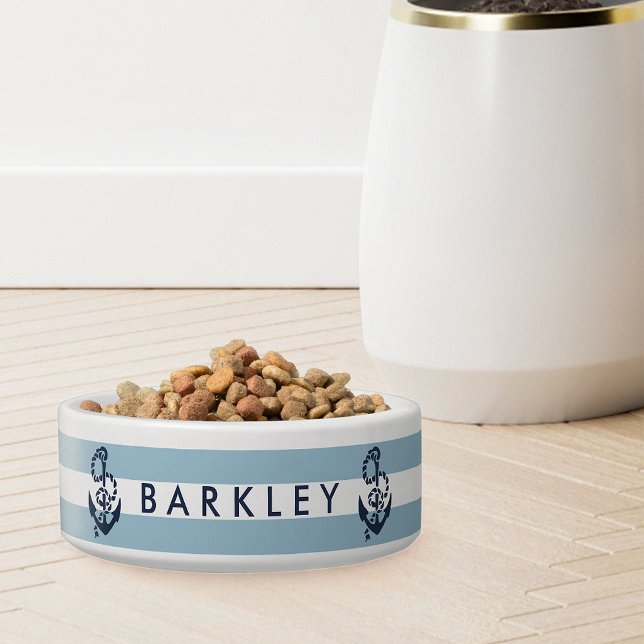 Nautical Blue Stripe Anchor Personalized Voerbakje (Creator heeft geüpload)