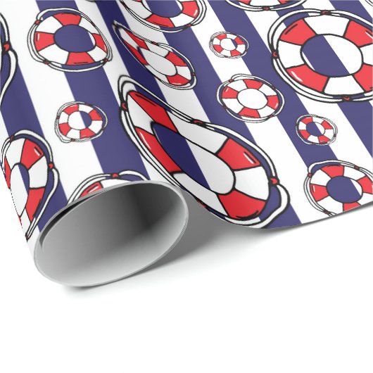 Nautical Blue Stripe Lifebouy Seaside Pattern Cadeaupapier (Rol Hoek)