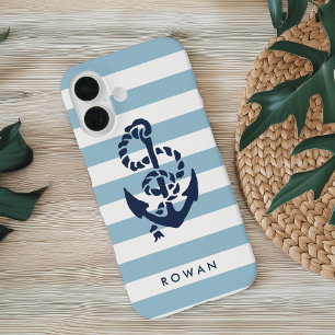 Nautical Blue Stripe & Navy Anchor Personalized iPhone 16 Hoesje