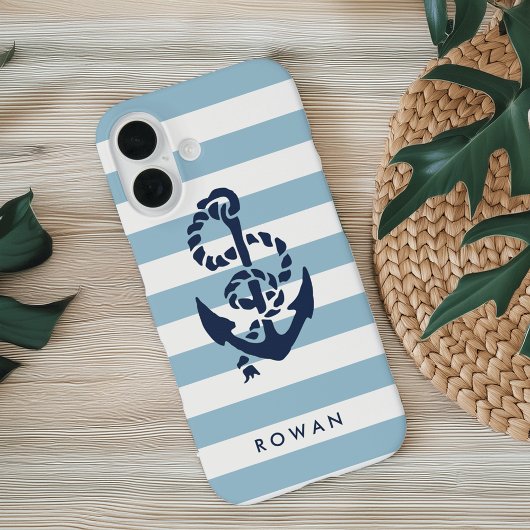 Nautical Blue Stripe & Navy Anchor Personalized Case-Mate iPhone Case