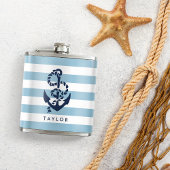 Nautical Blue Stripe & Navy Anchor Personalized Heupfles