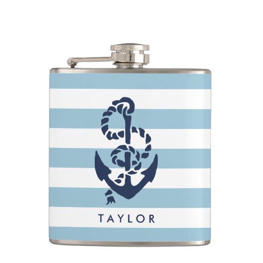 Nautical Blue Stripe & Navy Anchor Personalized Heupfles (Voorkant)
