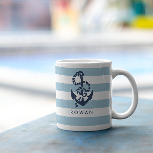 Nautical Blue Stripe & Navy Anchor Personalized Koffiemok