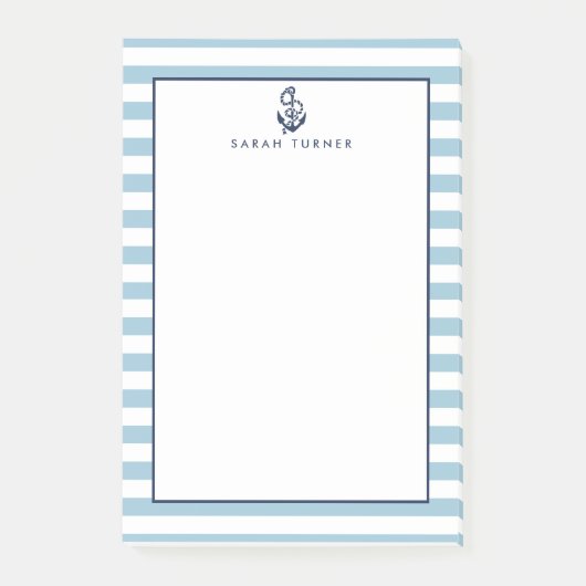 Nautical Blue Stripe & Navy Anchor Personalized Post-it® Notes (Voorkant)