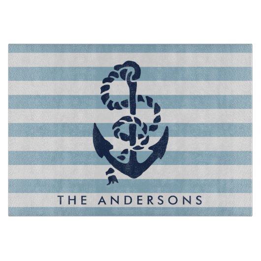 Nautical Blue Stripe & Navy Anchor Personalized Snijplank (Voorkant)