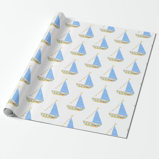 Nautical Blue Stripe Zeilboot Baby shower Cadeaupapier (Uitgerold)
