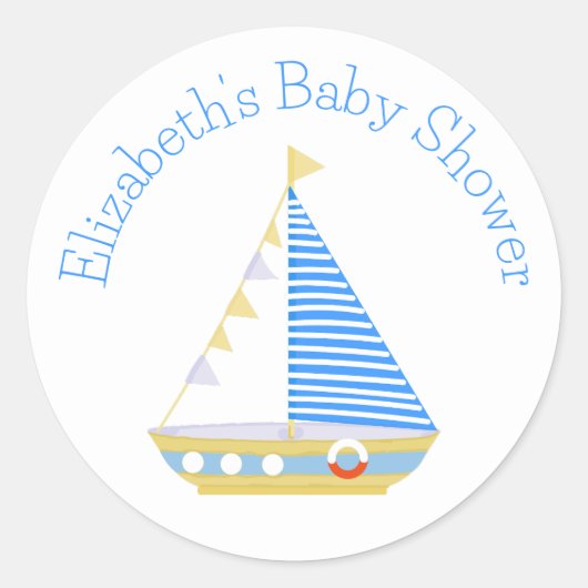 Nautical Blue Stripe Zeilboot Baby shower Ronde Sticker (Voorkant)