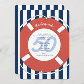 Nautical Blue Striped 50th Birthday Kaart (Voorkant / Achterkant)