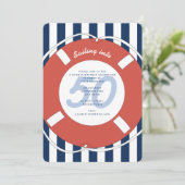 Nautical Blue Striped 50th Birthday Kaart (Staand voorkant)
