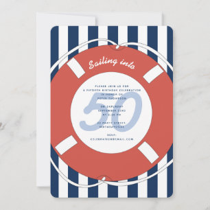 Nautical Blue Striped 50th Birthday Kaart