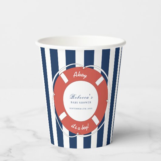 Nautical Blue Striped Baby shower Boy Papieren Bekers (Achterkant)