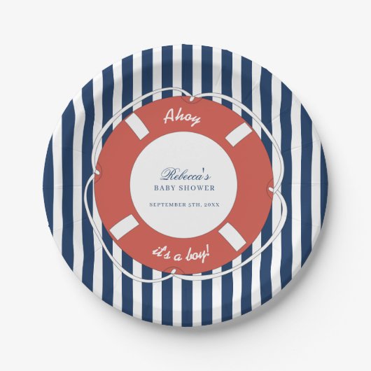 Nautical Blue Striped Baby shower Boy Papieren Bordje (Voorkant)