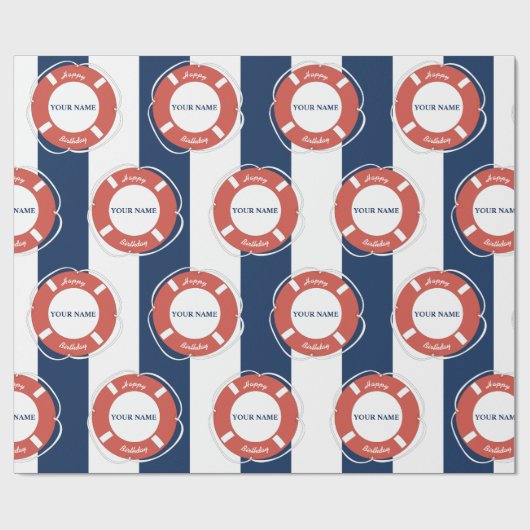 Nautical Blue Striped Custom Name Birthday Cadeaupapier (Vlak)