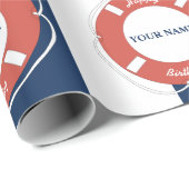 Nautical Blue Striped Custom Name Birthday Cadeaupapier (Rol Hoek)