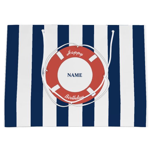 Nautical Blue Striped Custom Name Birthday Groot Cadeauzakje (Voorkant)