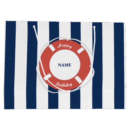 Nautical Blue Striped Custom Name Birthday Groot Cadeauzakje (Achterkant)