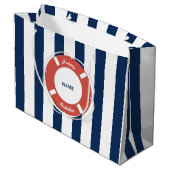 Nautical Blue Striped Custom Name Birthday Groot Cadeauzakje (Achterkant Gekanteld)