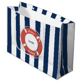 Nautical Blue Striped Custom Name Birthday Groot Cadeauzakje (Voorkant Gekanteld)