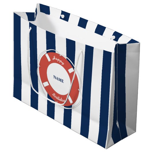 Nautical Blue Striped Custom Name Birthday Groot Cadeauzakje (Voorkant Gekanteld)