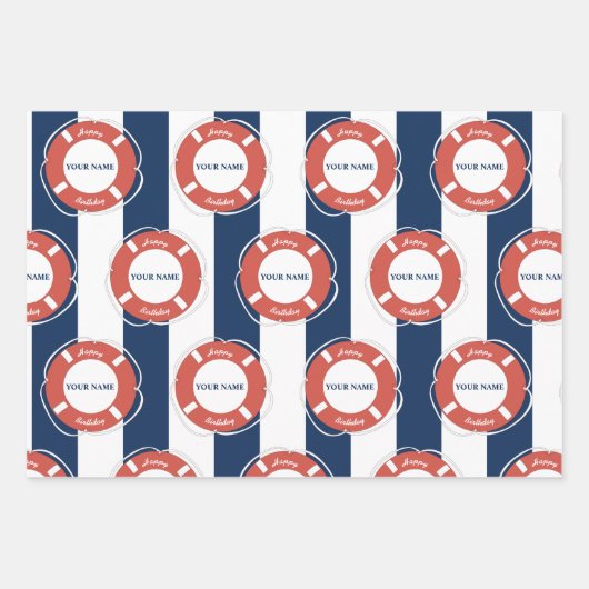 Nautical Blue Striped Custom Name Birthday Inpakpapier Vel (Voorkant 2)