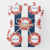 Nautical Blue Striped Custom Name Birthday Inpakpapier Vel (In situ)