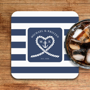 Nautical Blue Striped Heart Anchor Wedding Kartonnen Onderzetters