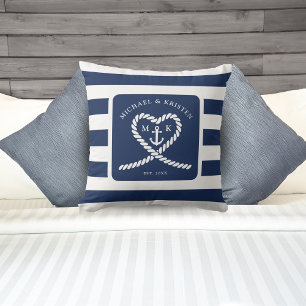 Nautical Blue Striped Heart Anchor Wedding Kussen