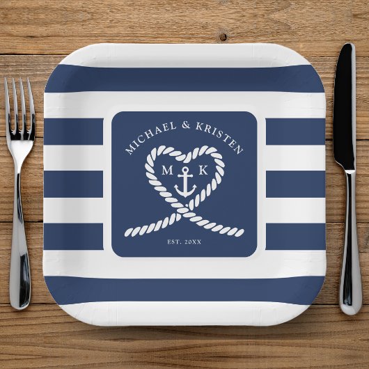 Nautical Blue Striped Heart Anchor Wedding Papieren Bordje
