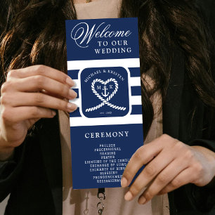 Nautical Blue Striped Heart Anchor Wedding Programmakaart
