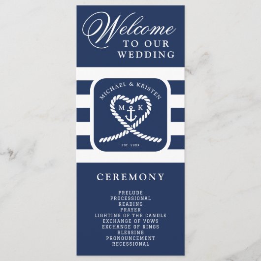 Nautical Blue Striped Heart Anchor Wedding Programmakaart (Voorkant)