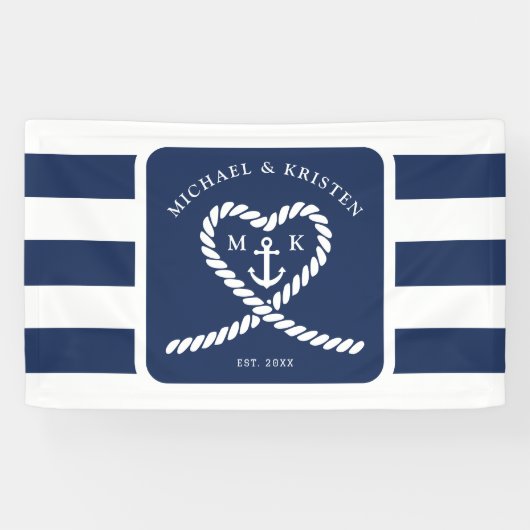 Nautical Blue Striped Heart Anchor Wedding Spandoek (Horizontaal)