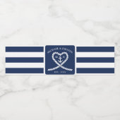 Nautical Blue Striped Heart Anchor Wedding Waterfles Etiket (Enkel label)