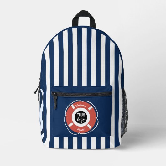 Nautical Blue Striped Welcome Aboard Logo Bedrukte Rugzak (Voorkant)
