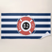 Nautical Blue Striped Welcome Aboard Logo Strandlaken (Voorkant)