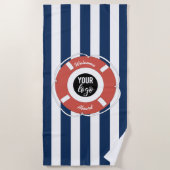 Nautical Blue Striped Welcome Aboard Logo Strandlaken (Voorkant)
